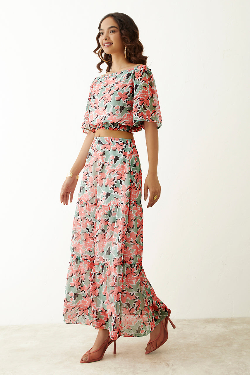 Green Floral Tiered Skirt Co-ord set