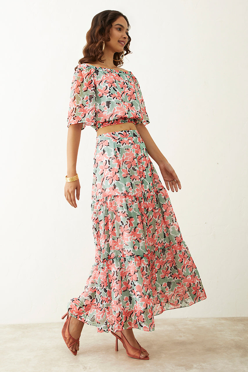 Green Floral Tiered Skirt Co-ord set