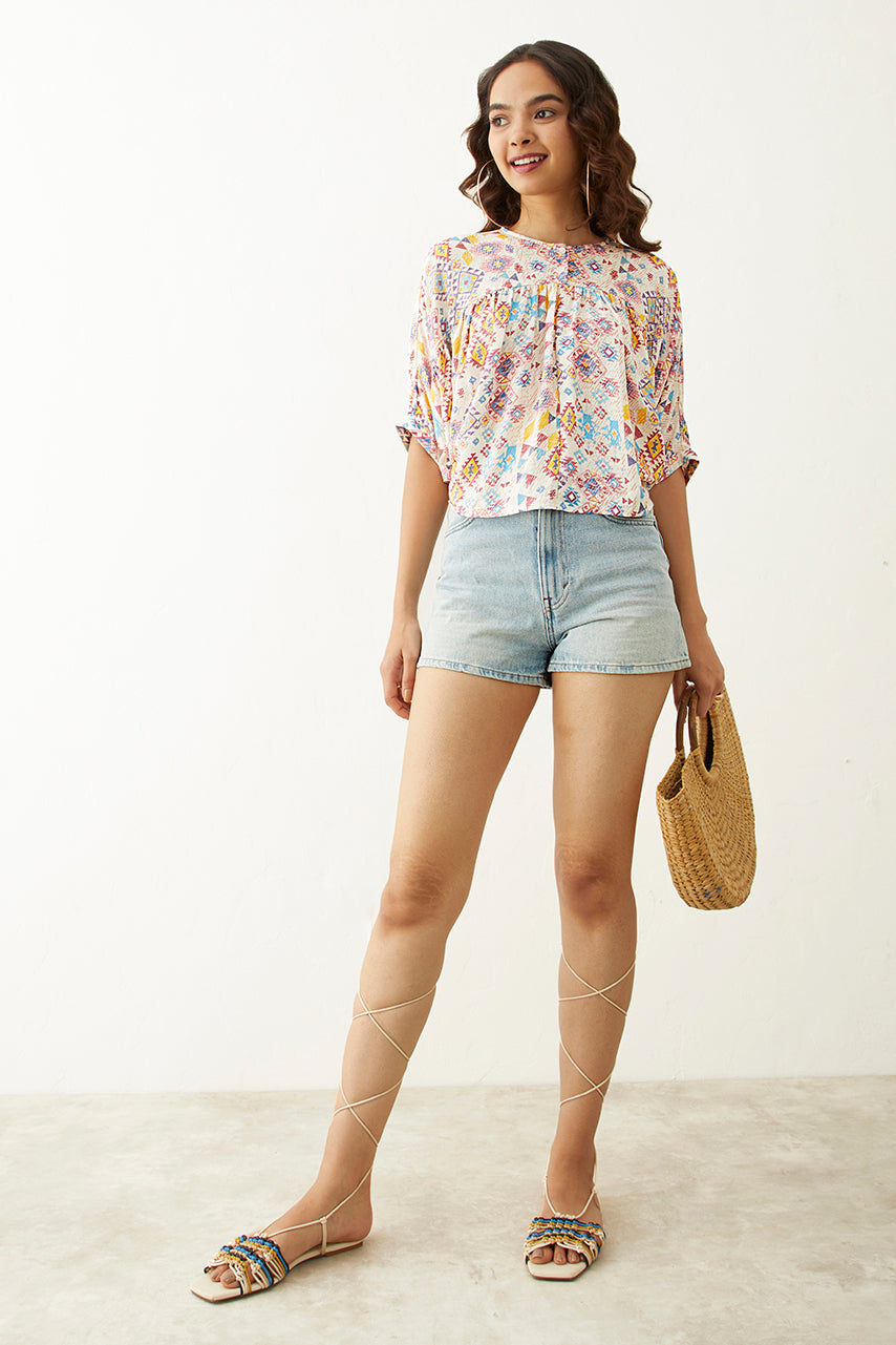 Ikkat Printed Kimono Crop Top