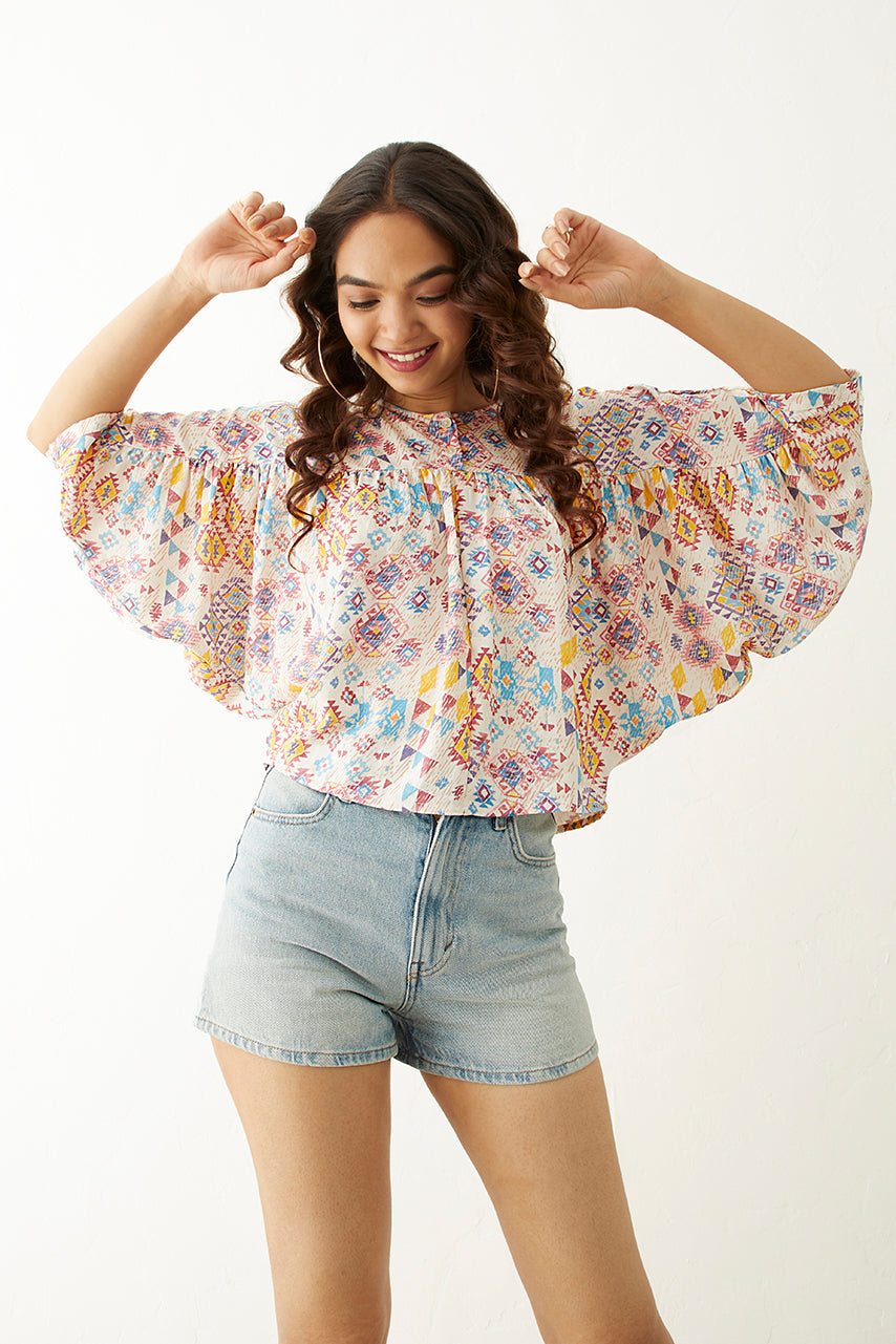 Ikkat Printed Kimono Crop Top