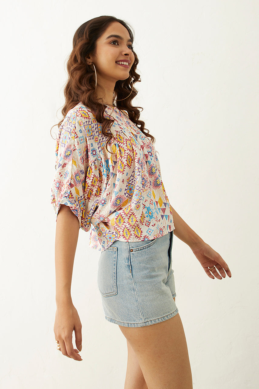 Ikkat Printed Kimono Crop Top