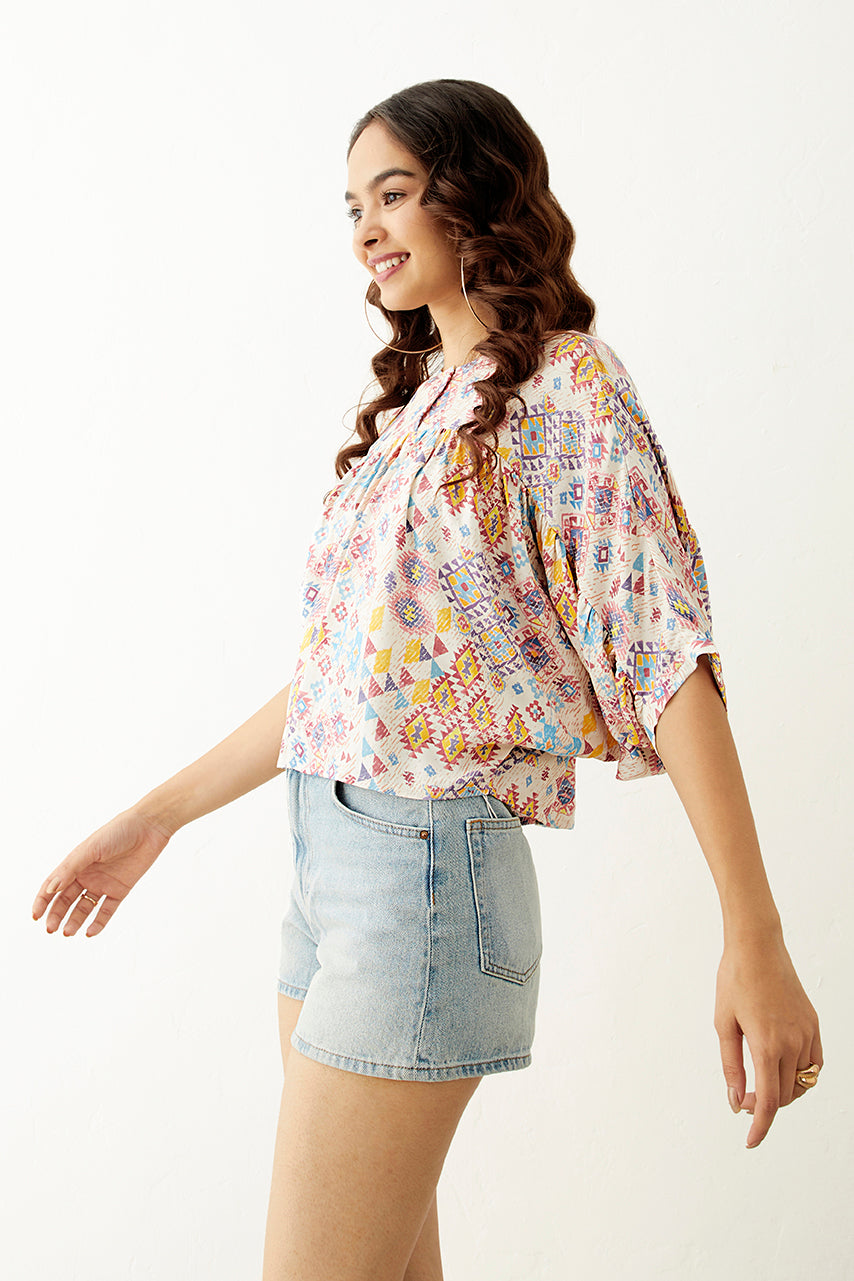 Ikkat Printed Kimono Crop Top