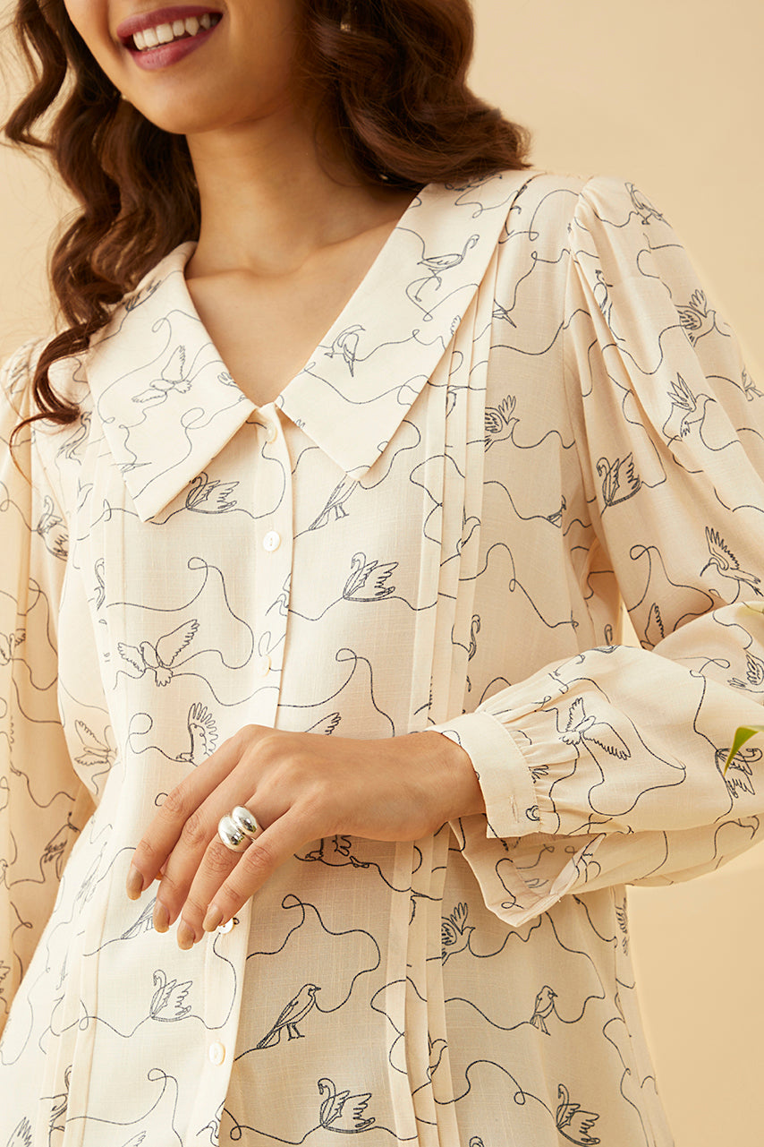 Conversational Line Art Bird Printed  Top