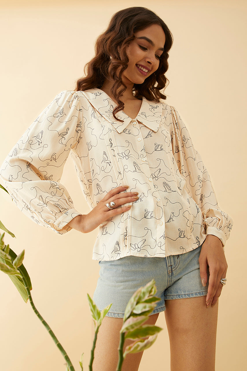 Conversational Line Art Bird Printed  Top