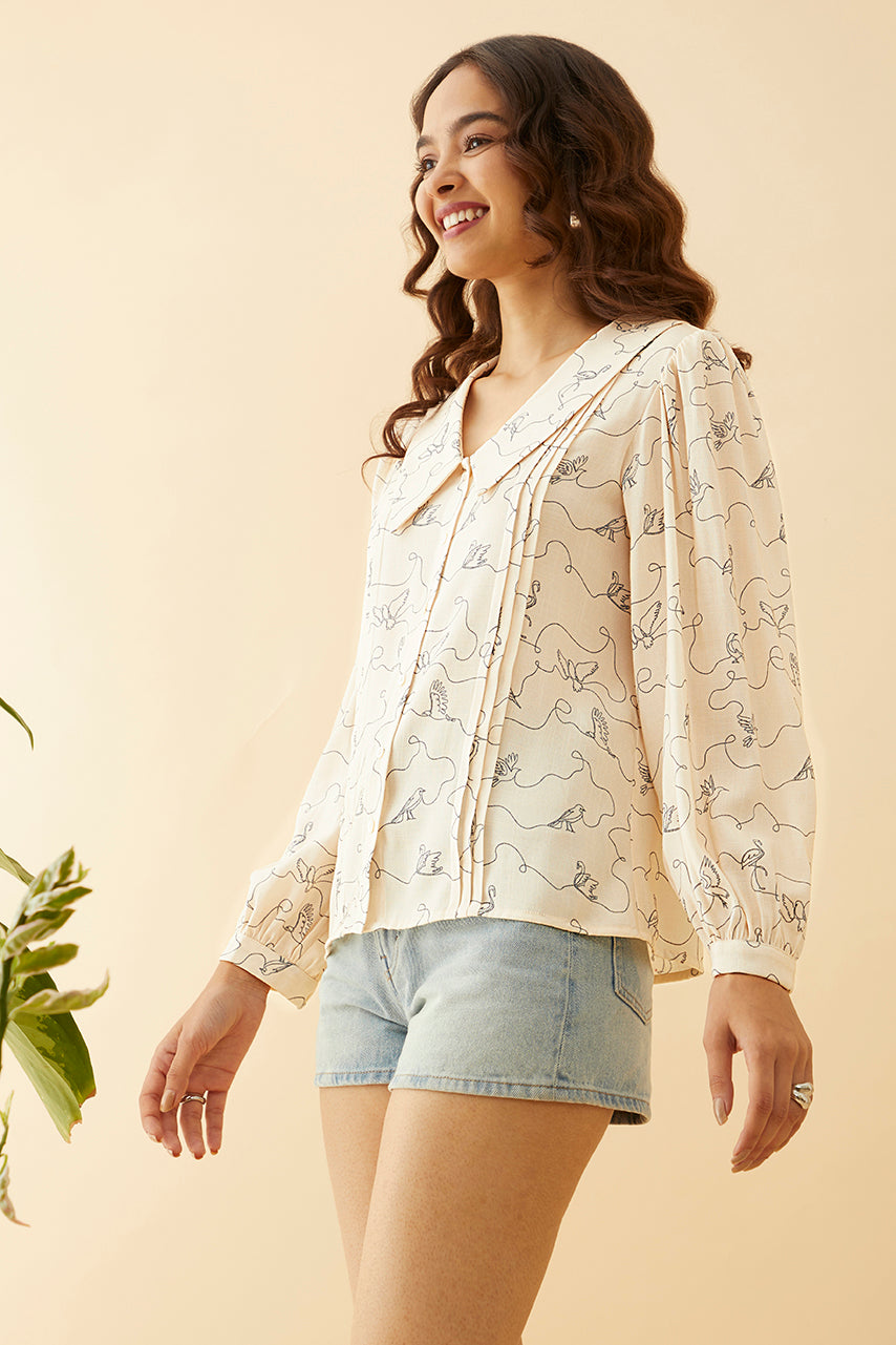 Conversational Line Art Bird Printed  Top